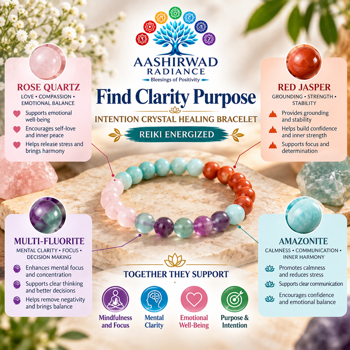 Find Clarity Purpose – Intention Crystal Healing Bracelet - Reiki Energized