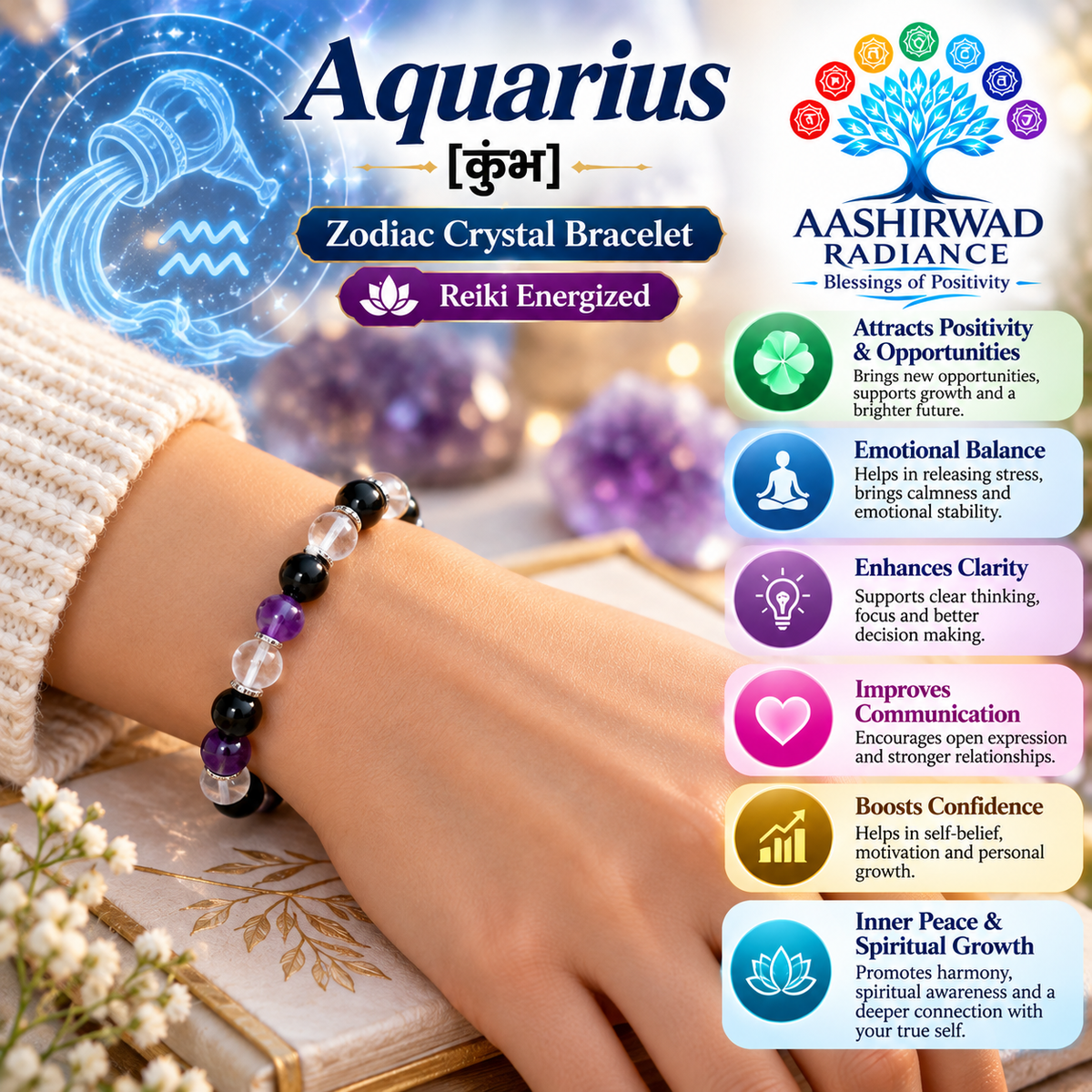 Zodiac Crystal Bracelet – Aquarius (कुम्भ) | Reiki Energized - With Certified Natural Gemstones