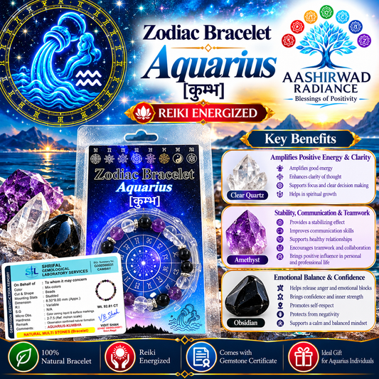 Zodiac Crystal Bracelet – Aquarius (कुम्भ) | Reiki Energized - With Certified Natural Gemstones