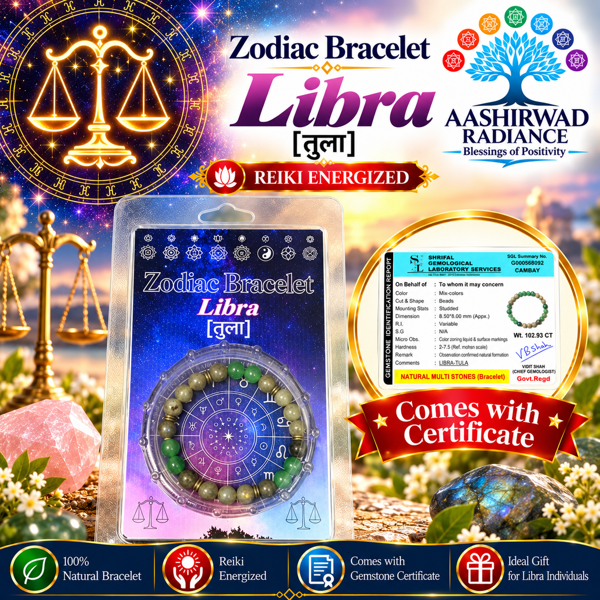 Zodiac Crystal Bracelet – Libra (तुला) Reiki Energized | With Gemstone Certificate
