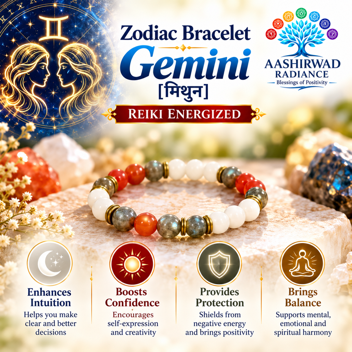 Zodiac Crystal Bracelet - Gemini (मिथुन राशि) – Reiki Energized | Certified Natural Gemstones