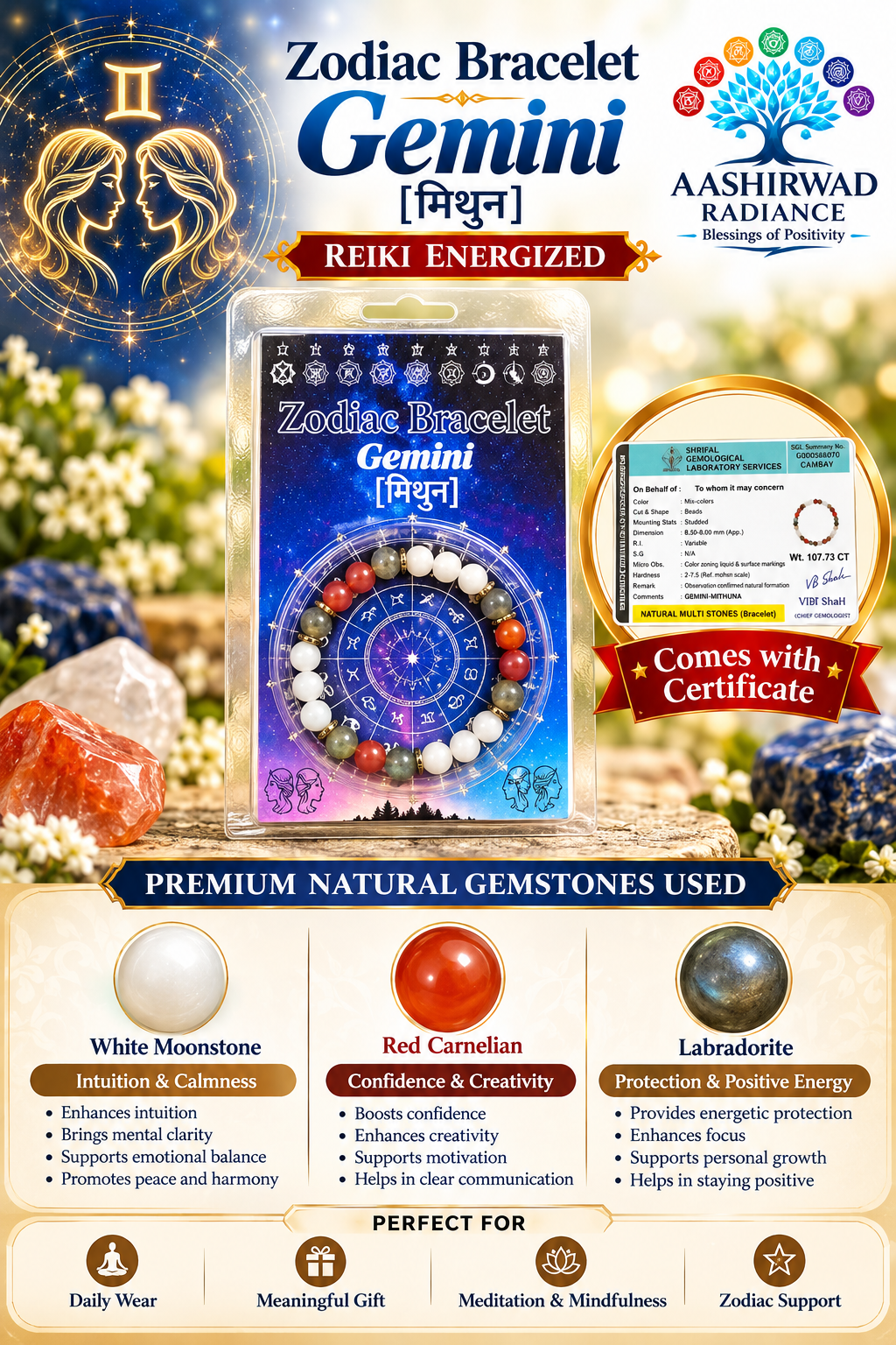 Zodiac Crystal Bracelet - Gemini (मिथुन राशि) – Reiki Energized | Certified Natural Gemstones