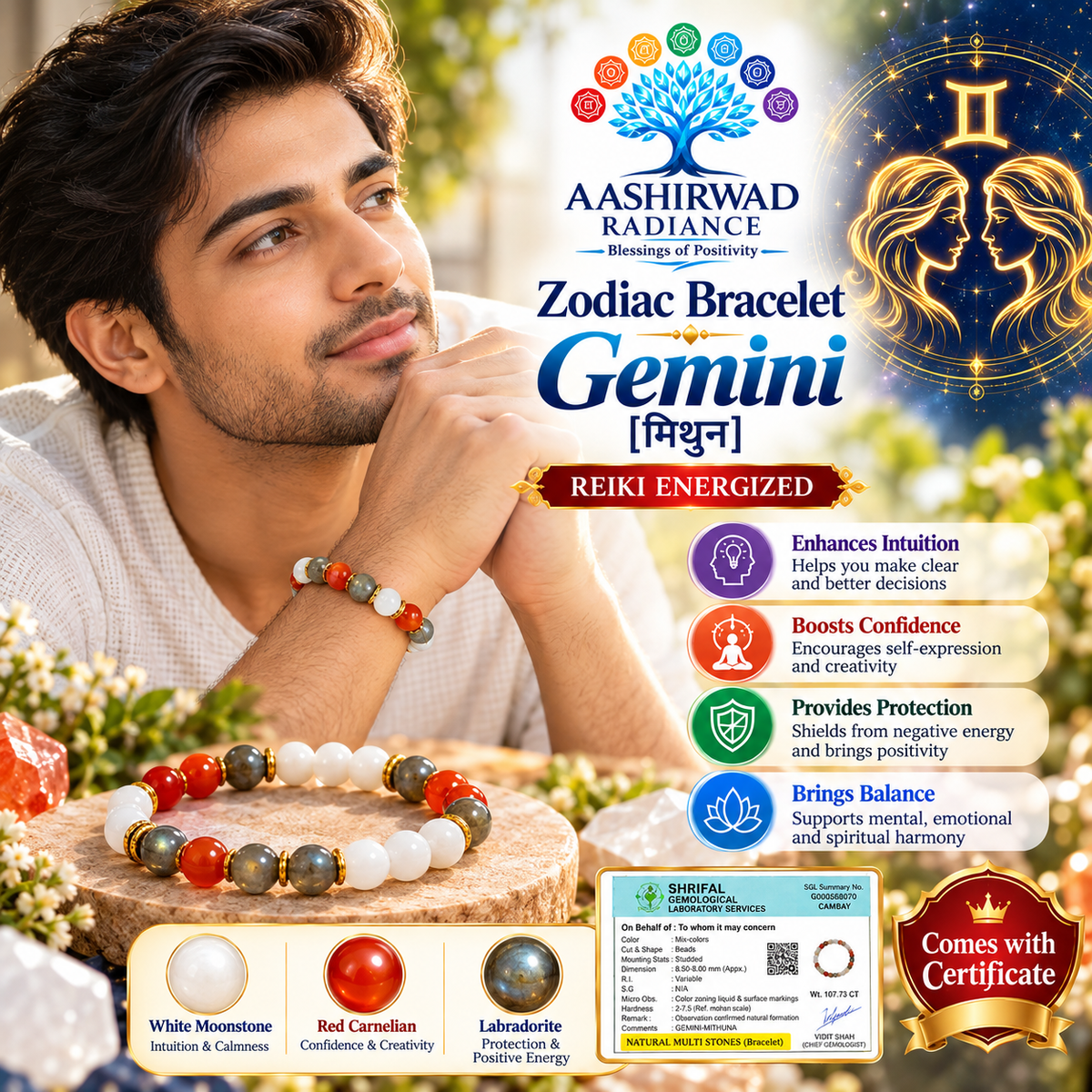 Zodiac Crystal Bracelet - Gemini (मिथुन राशि) – Reiki Energized | Certified Natural Gemstones