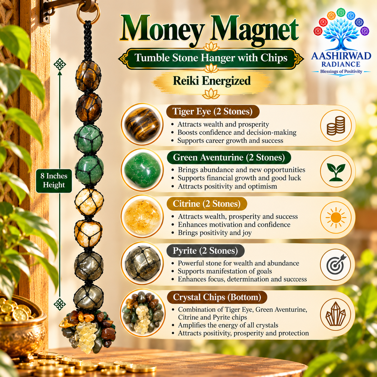 Money Magnet Tumble Stone Hanger with Chips – 8 Inches | Reiki Energized