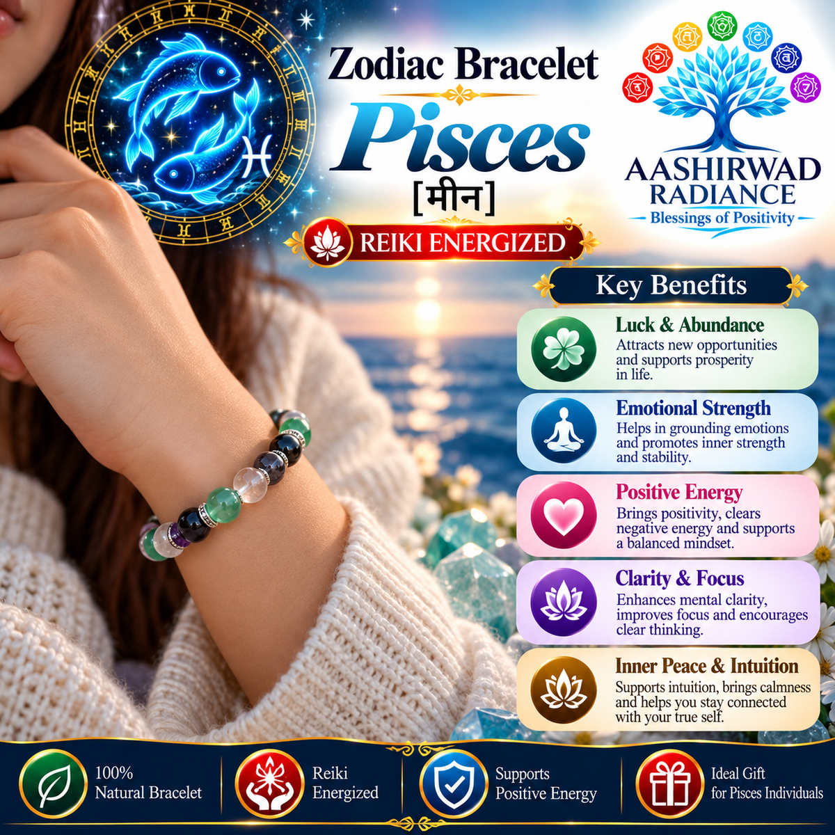Zodiac Crystal Bracelet – Reiki Energized - Pisces (मीन)| With Certified Natural Gemstones