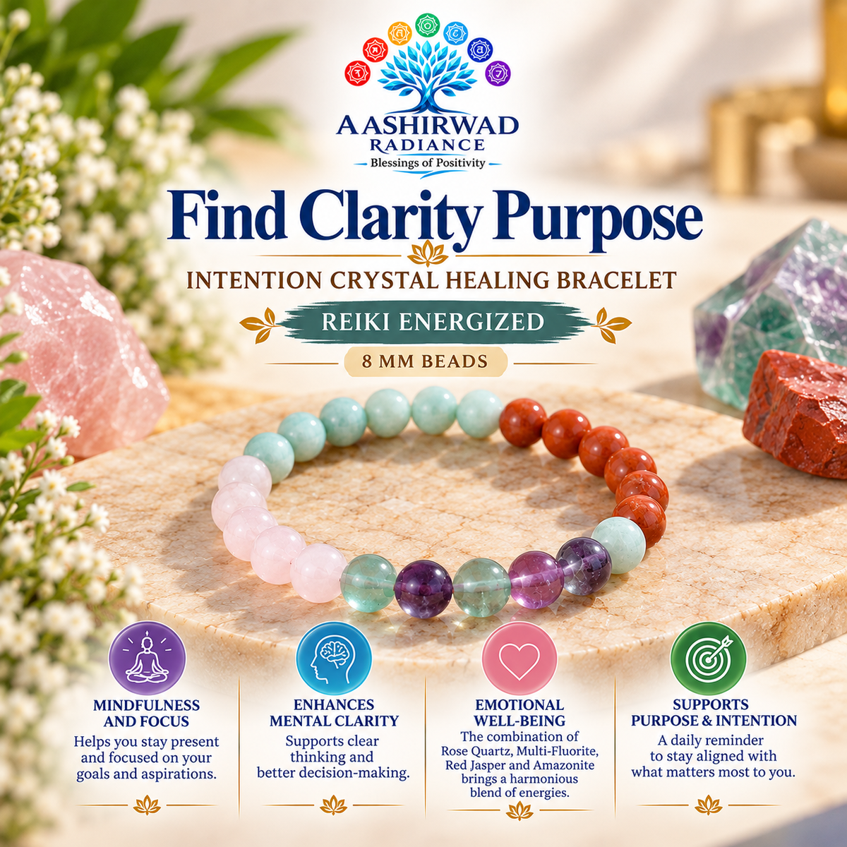 Find Clarity Purpose – Intention Crystal Healing Bracelet - Reiki Energized