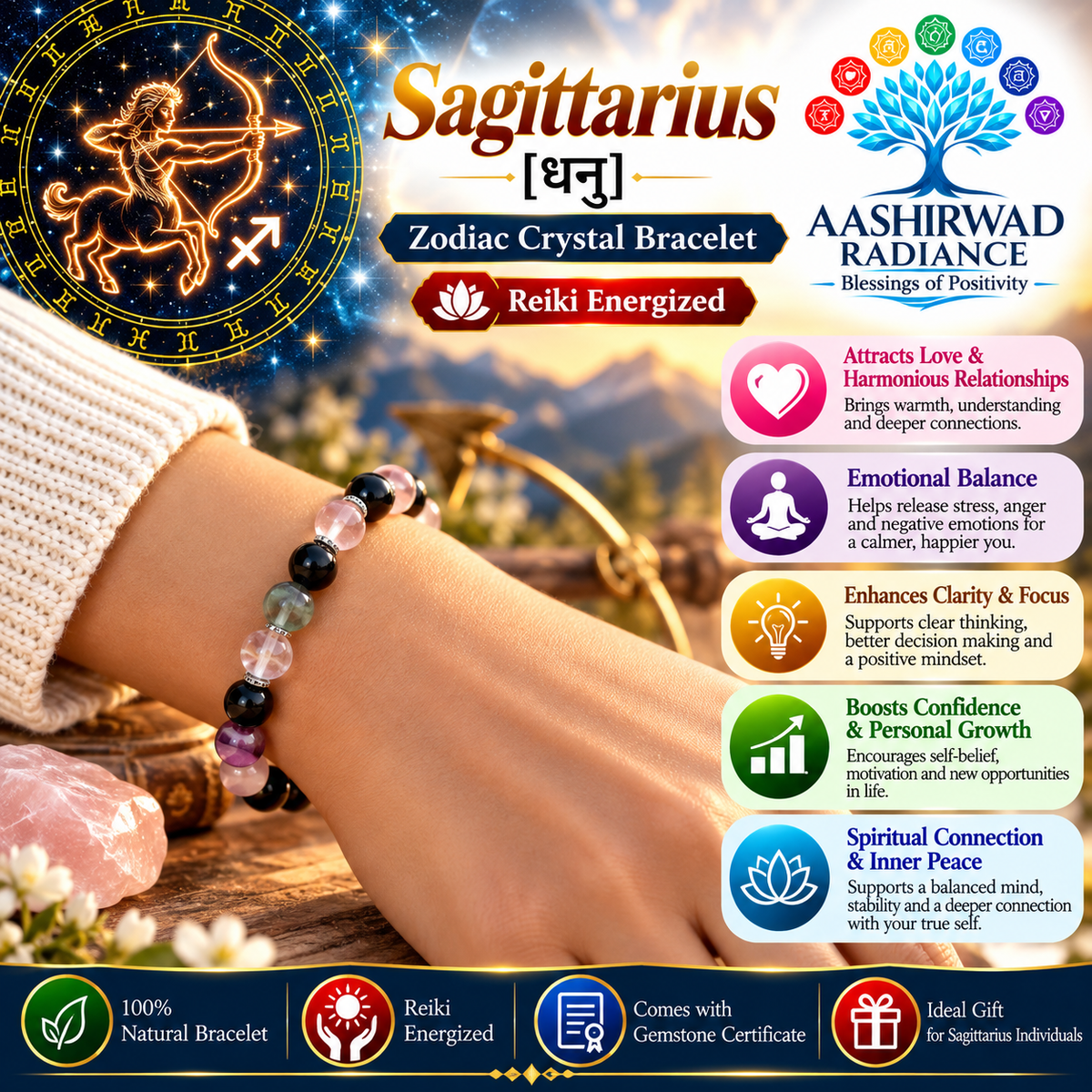 Zodiac Crystal Bracelet – Sagittarius (धनु) - Reiki Energized | With Gemstone Certificate
