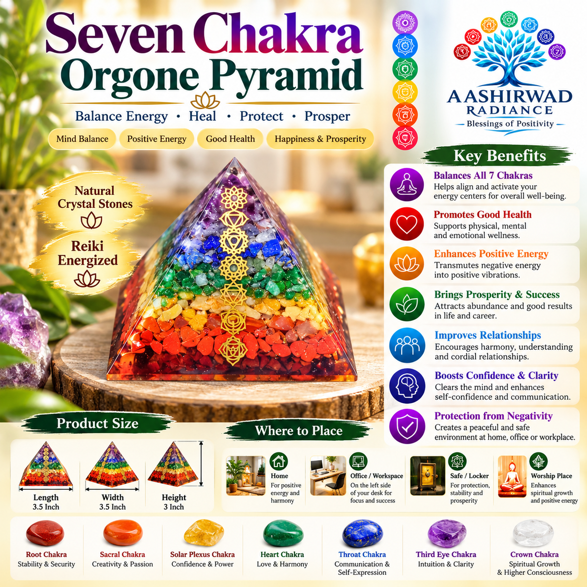 Seven Chakra Orgone Pyramid – Reiki Energized