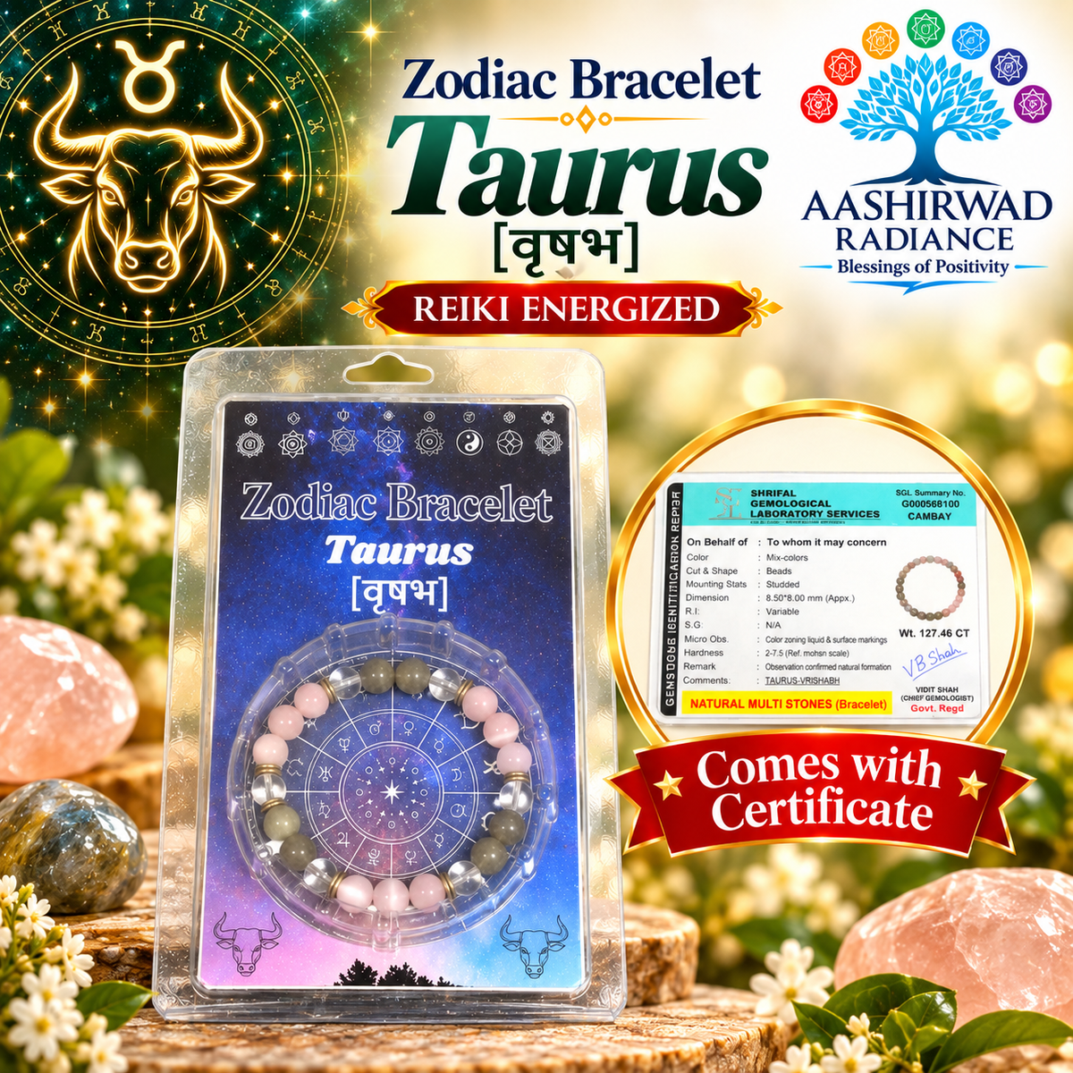 Zodiac Crystal Bracelet - Taurus (वृषभ) – Reiki Energized | With Gemstone Certificate
