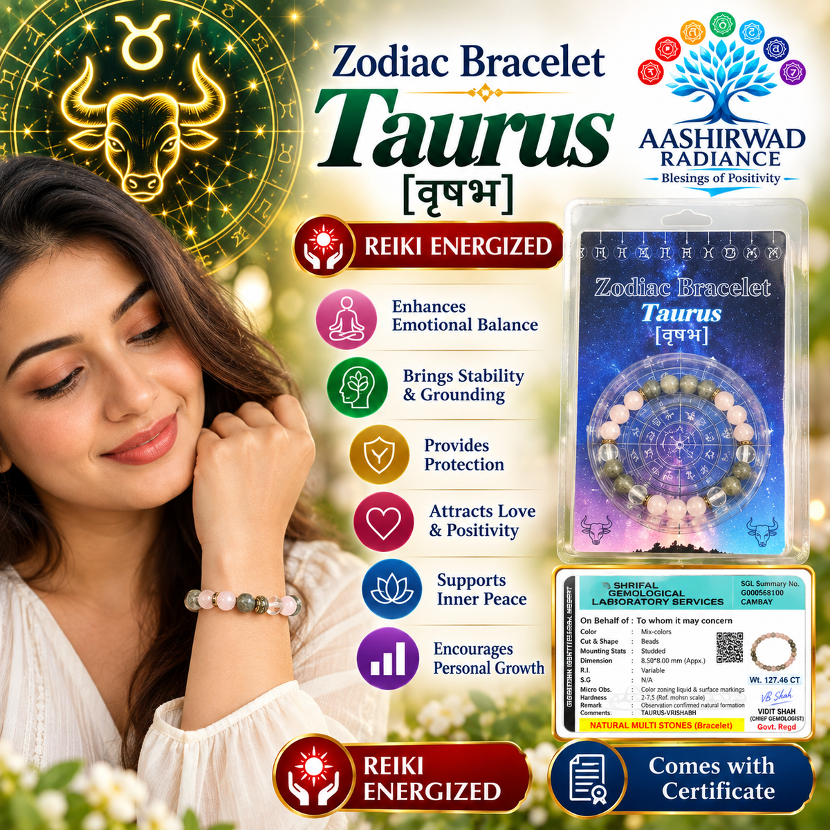Zodiac Crystal Bracelet - Taurus (वृषभ) – Reiki Energized | With Gemstone Certificate