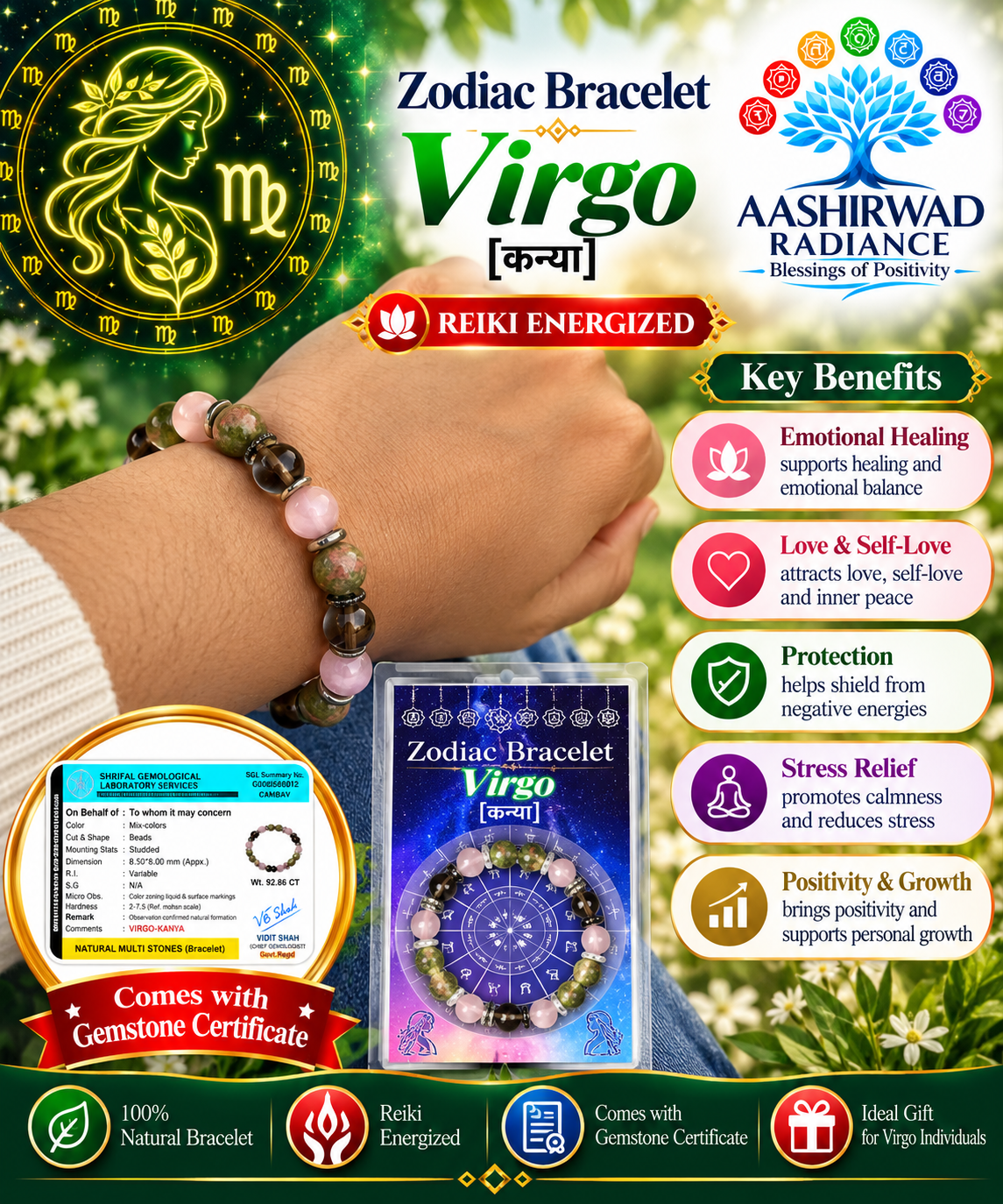 Zodiac Crystal Bracelet – Reiki Energized - Virgo (कन्या) | With Gemstone Certificate