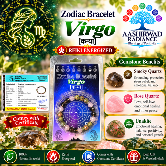 Zodiac Crystal Bracelet – Reiki Energized - Virgo (कन्या) | With Gemstone Certificate