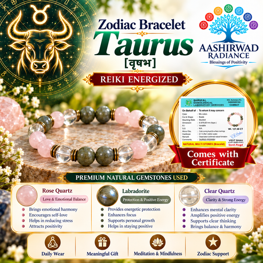 Zodiac Crystal Bracelet - Taurus (वृषभ) – Reiki Energized | With Gemstone Certificate