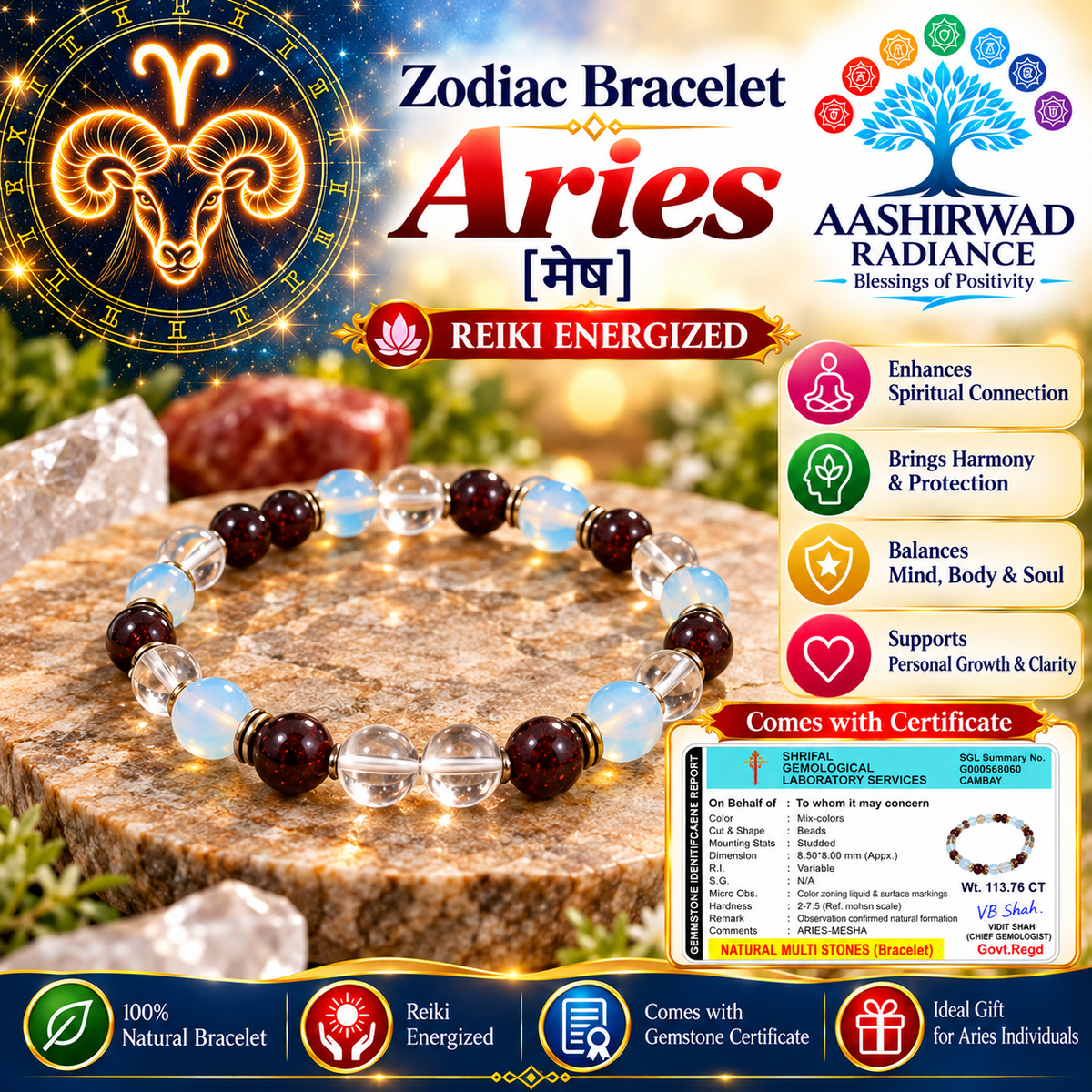 Zodiac Crystal Bracelet – Aries (मेष राशि) - Reiki Energized | Certified Natural Gemstones