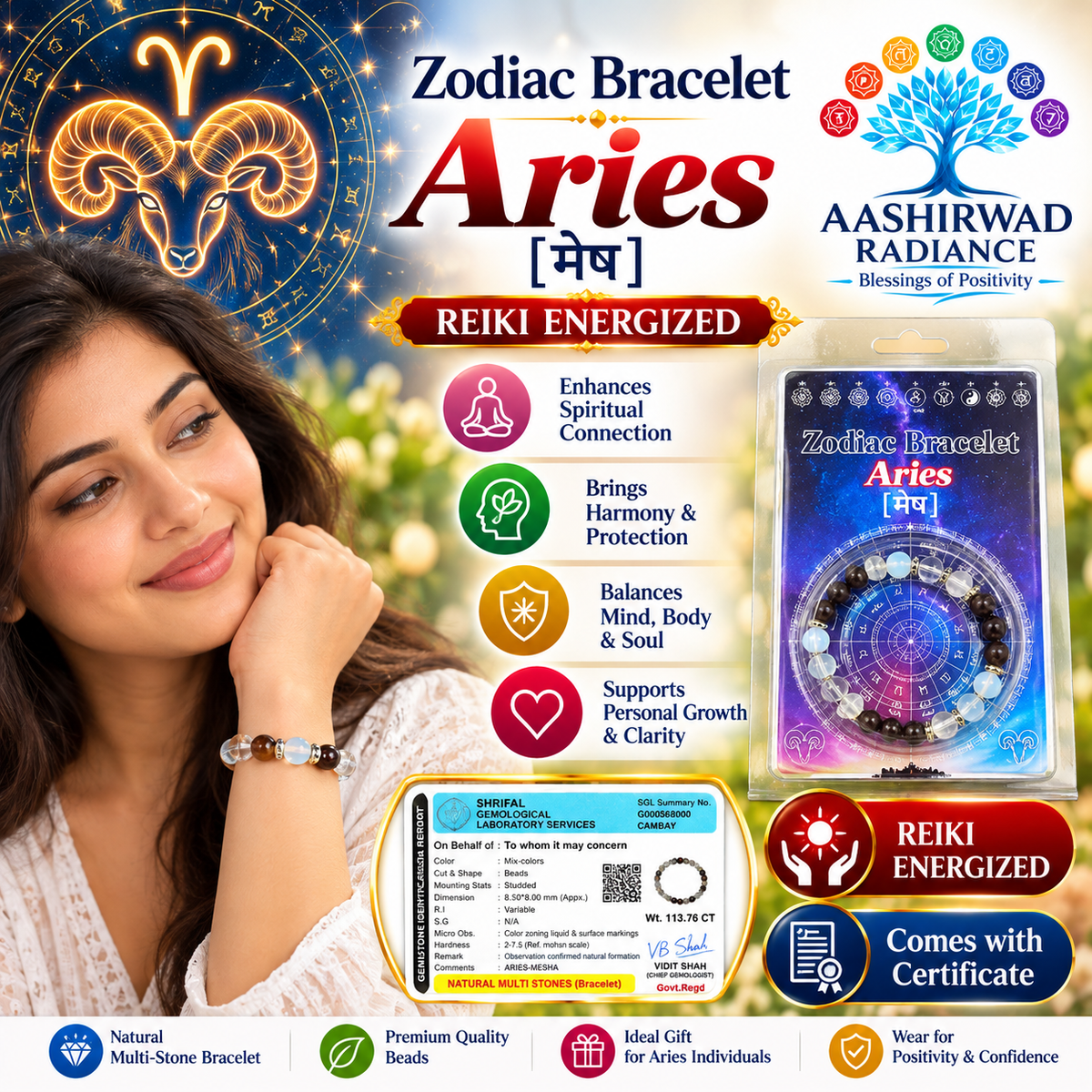 Zodiac Crystal Bracelet – Aries (मेष राशि) - Reiki Energized | Certified Natural Gemstones