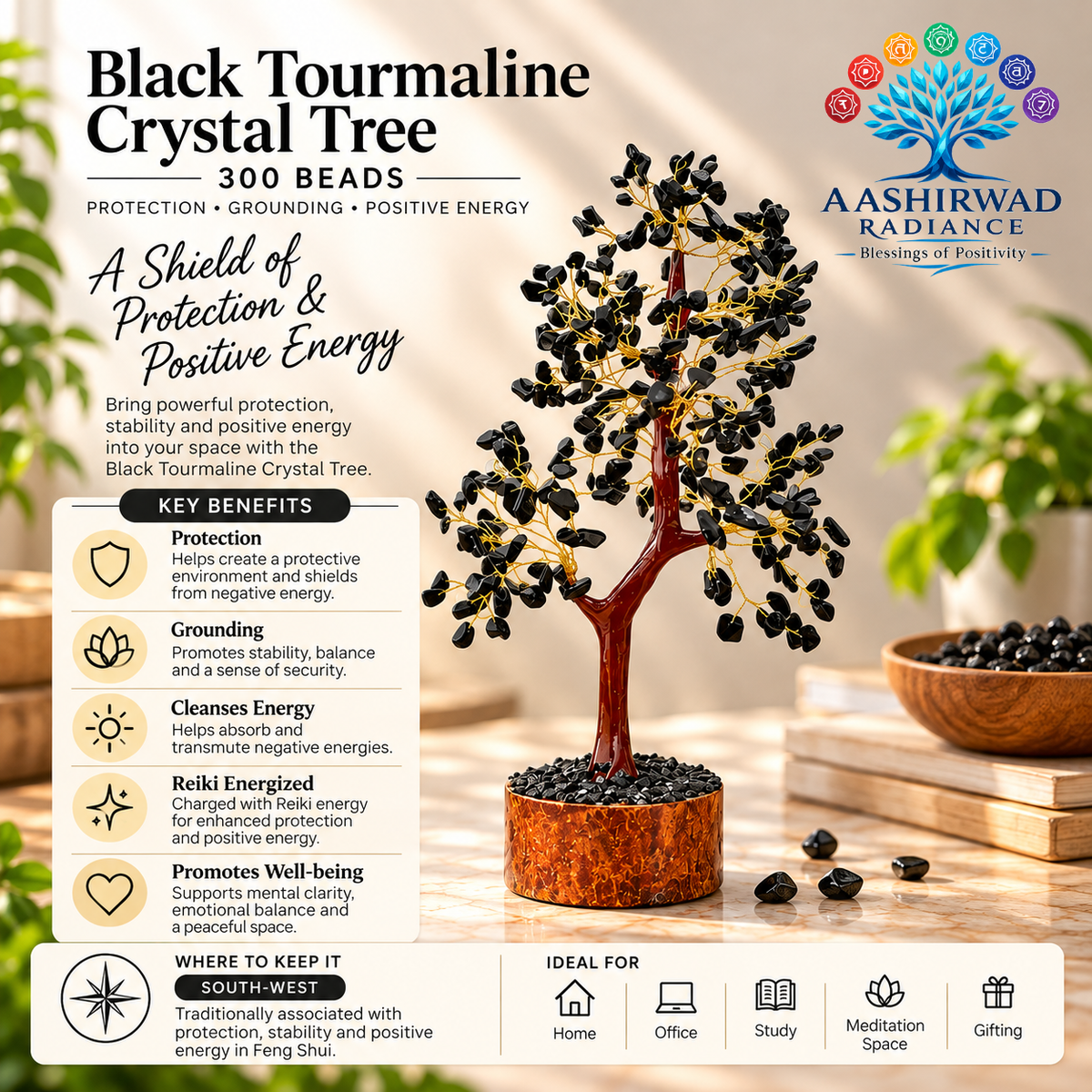 Black Tourmaline Crystal Tree – 300 Beads | Reiki Energized