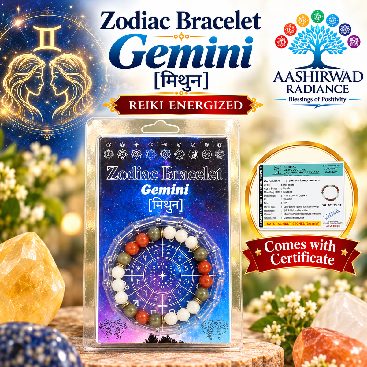 Zodiac Crystal Bracelet - Gemini  (मिथुन राशि) – Reiki Energized | Certified Natural Gemstones