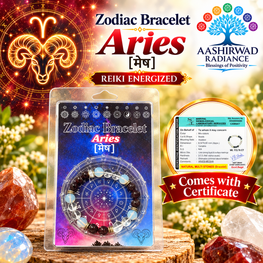 Zodiac Crystal Bracelet – Aries (मेष राशि) - Reiki Energized | Certified Natural Gemstones