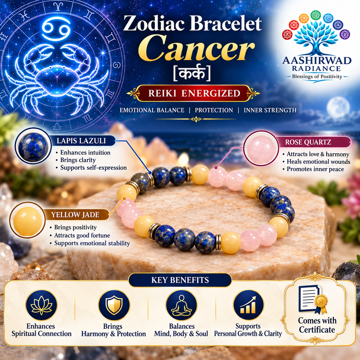 Zodiac Crystal Bracelet – Cancer (कर्क राशि) | Reiki Energized | Certified Natural Gemstones