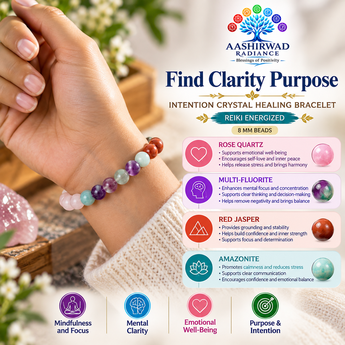 Find Clarity Purpose – Intention Crystal Healing Bracelet - Reiki Energized