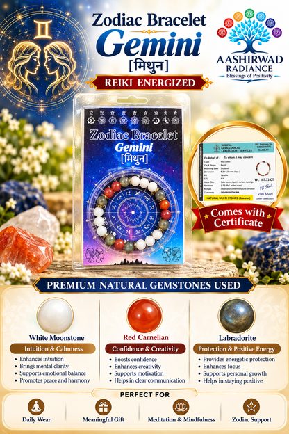 Zodiac Crystal Bracelet - Gemini  (मिथुन राशि) – Reiki Energized | Certified Natural Gemstones