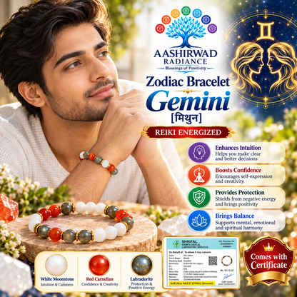 Zodiac Crystal Bracelet - Gemini  (मिथुन राशि) – Reiki Energized | Certified Natural Gemstones