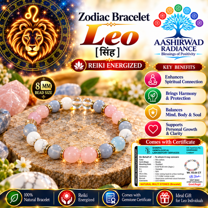 Zodiac Crystal Bracelet - Leo (सिंह राशि) – Reiki Energized-Certified Natural Multi-Stone Bracelet