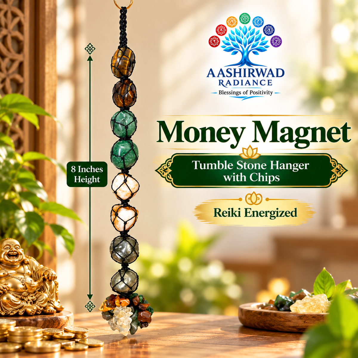 Money Magnet Tumble Stone Hanger with Chips – 8 Inches | Reiki Energized