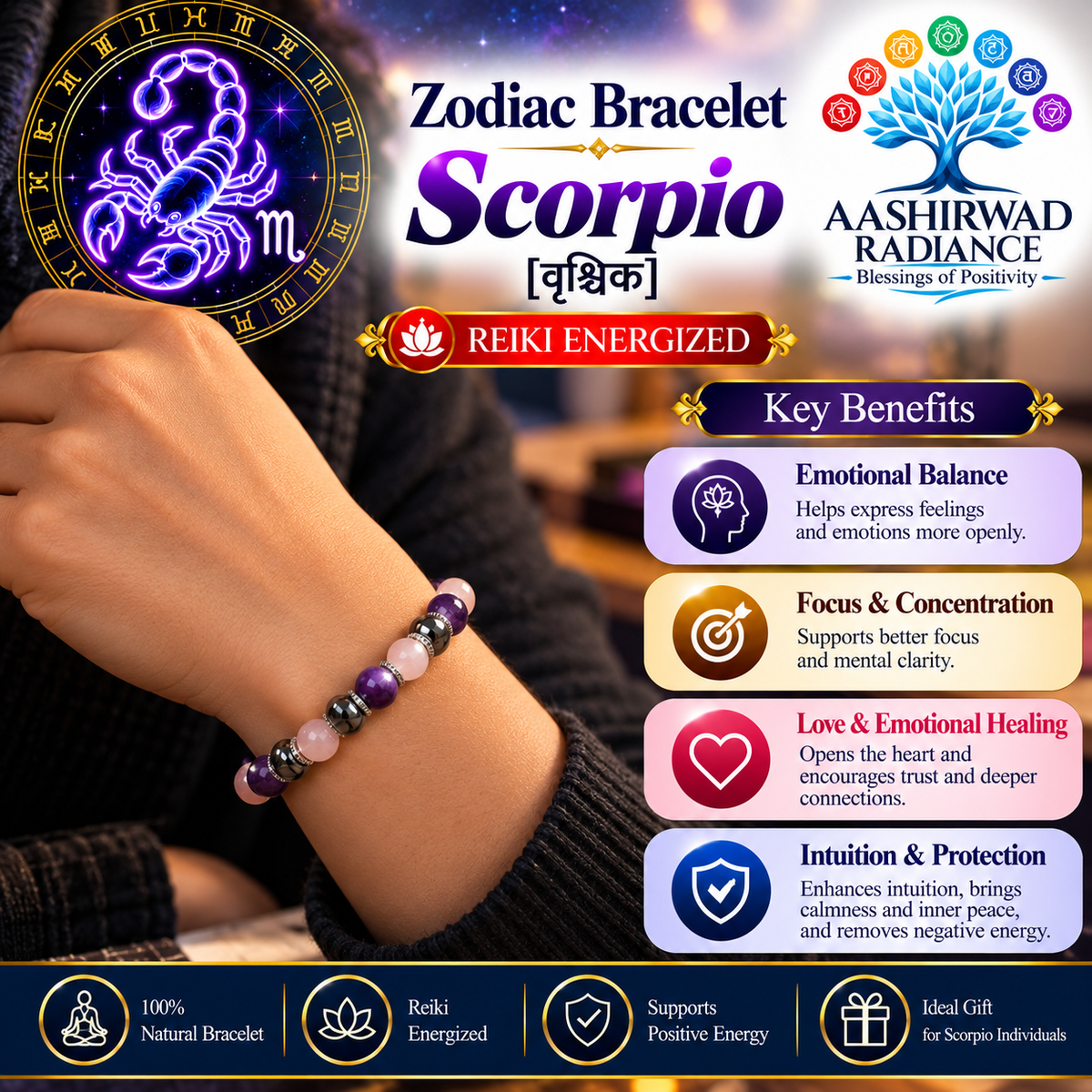 Zodiac Crystal Bracelet – Reiki Energized - Scorpio (वृश्चिक) | With Gemstone Certificate